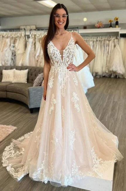 Sleeveless A-Line Floor Length Spaghetti Straps Wedding Dresses