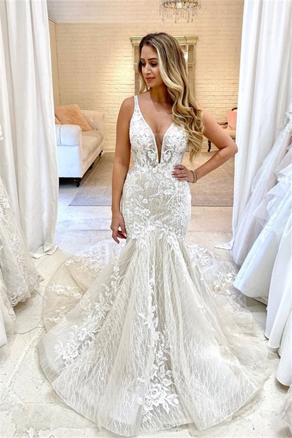 Sleeveless Deep V neck mermaid Summer Bridal Gowns