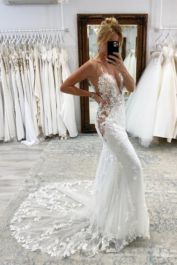 Sleeveless Mermaid Lace Wedding Dress Long