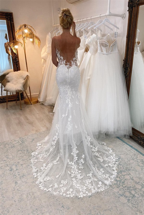 Sleeveless Mermaid Lace Wedding Dress Long