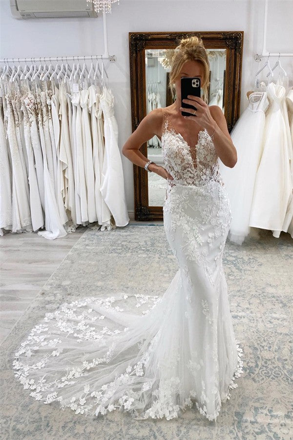 Sleeveless Mermaid Lace Wedding Dress Long