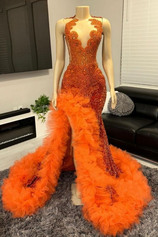 Sleeveless Orange Glitter Rhinestones Mermaid Prom Dress with Crew Neck and Side Split