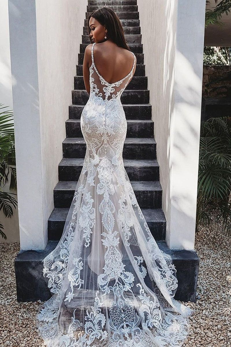 Sleeveless Spaghetti-Straps Lace Wedding Dress Mermaid Open Back