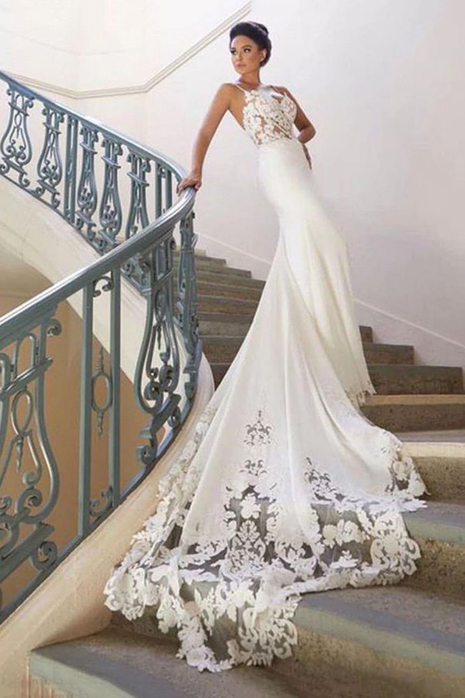 Spaghetti Strap Lace Wedding Dress Online with Chapel Train