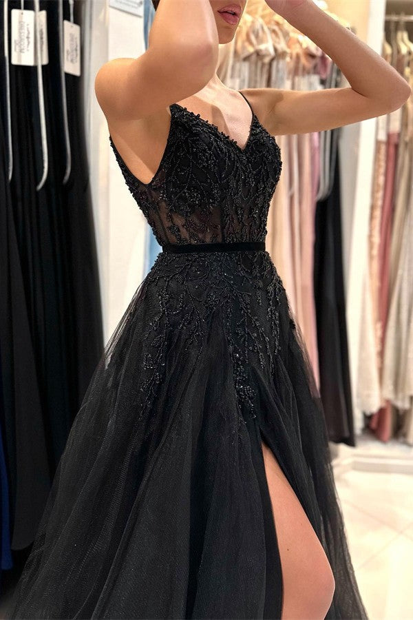 Spaghetti-Straps Black Prom Dress Sleeveless Tulle With Split