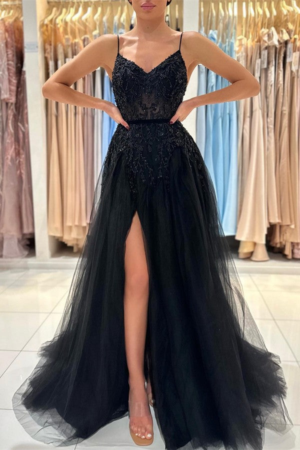 Spaghetti-Straps Black Prom Dress Sleeveless Tulle With Split