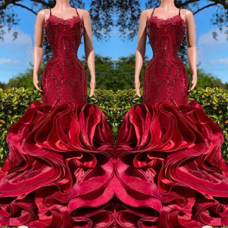 Spaghetti-Straps Burgundy Prom Dress Mermaid Sleeveless Sequins Ruffles