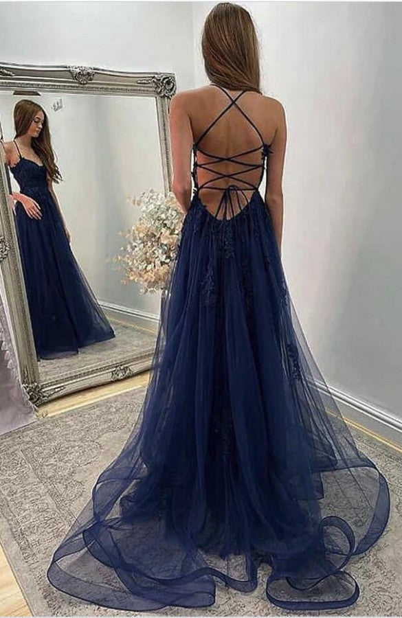 Spaghetti-Straps Dark Navy Tulle Prom Dress Long On Sale