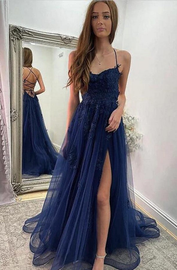 Spaghetti-Straps Dark Navy Tulle Prom Dress Long On Sale