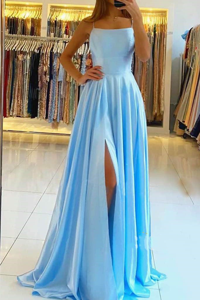 Spaghetti-Straps Dusty Sage Prom Dress Long Split