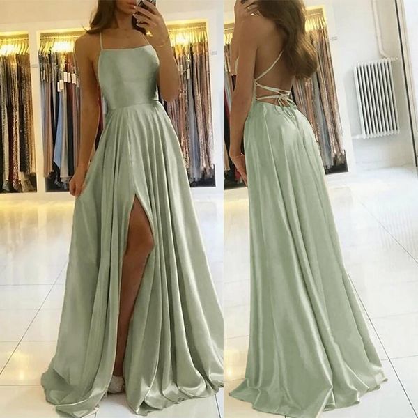 Spaghetti-Straps Dusty Sage Prom Dress Long Split