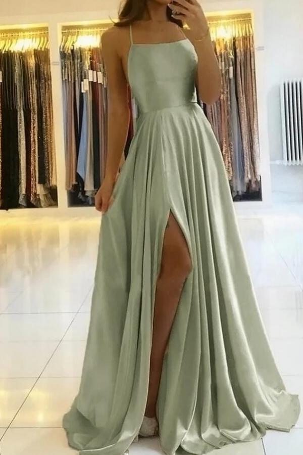 Spaghetti-Straps Dusty Sage Prom Dress Long Split