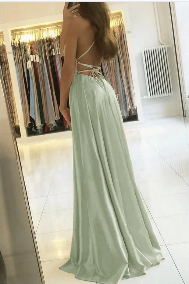 Spaghetti-Straps Dusty Sage Prom Dress Long Split