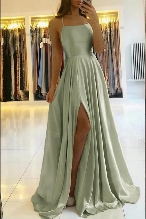 Spaghetti-Straps Dusty Sage Prom Dress Long Split