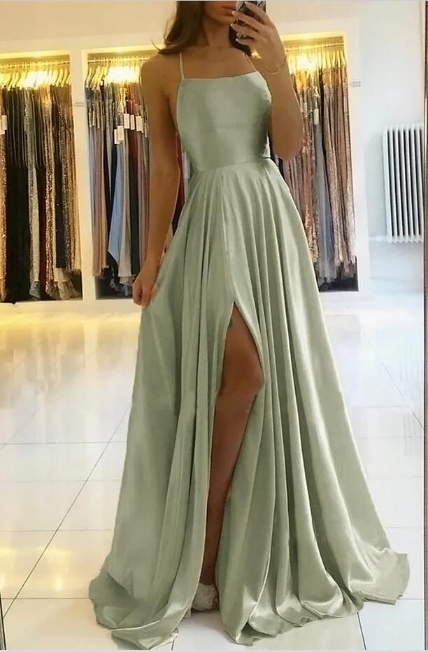 Spaghetti-Straps Dusty Sage Prom Dress Long Split