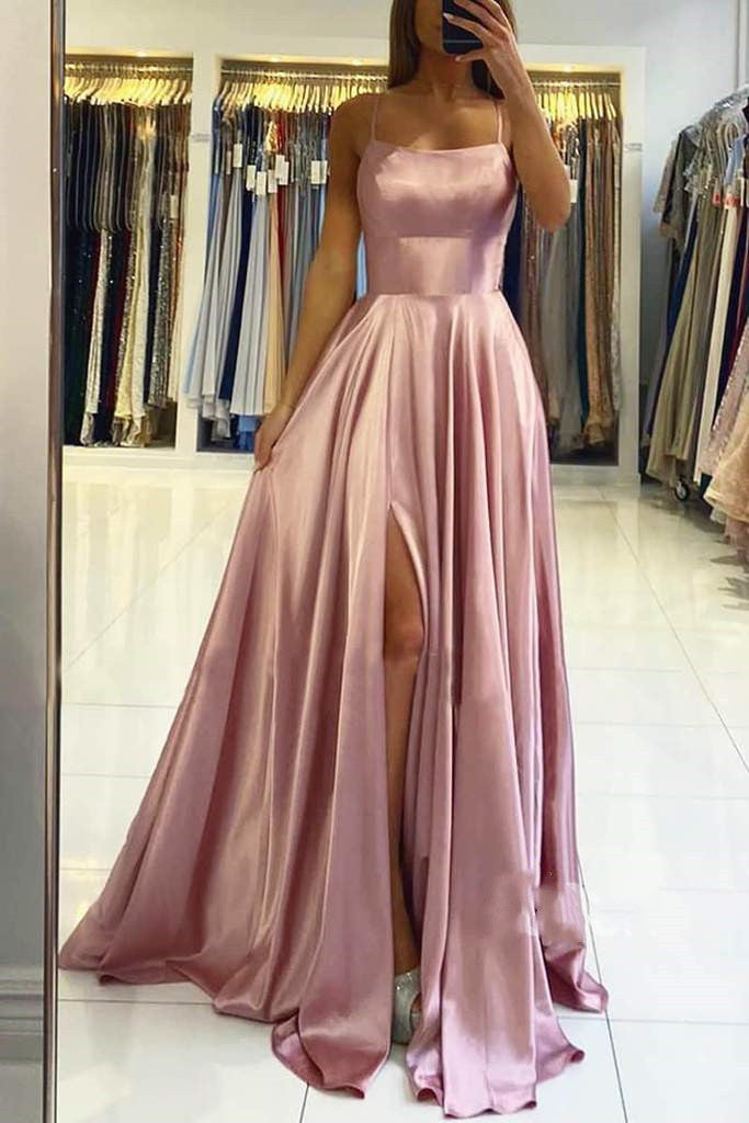 Spaghetti-Straps Dusty Sage Prom Dress Long Split