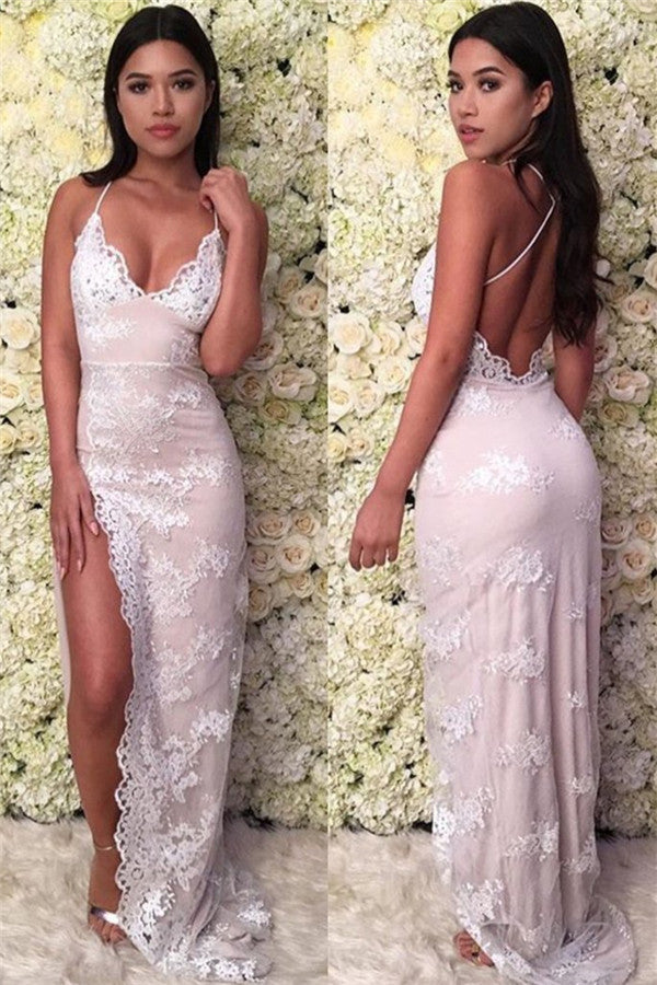 Spaghetti-Straps Lace Prom Dress With Slit