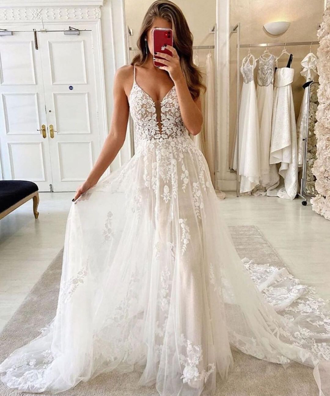 Spaghetti-Straps Lace Wedding Dress Sleeveless