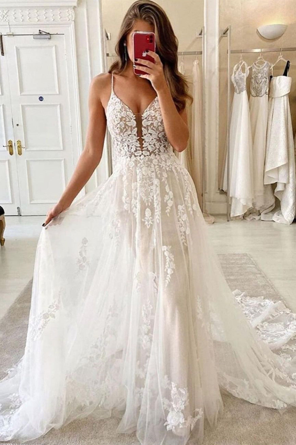 Spaghetti-Straps Lace Wedding Dress Sleeveless