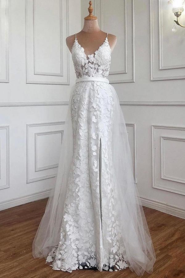 Spaghetti-Straps Long Lace Wedding Dress On Sale