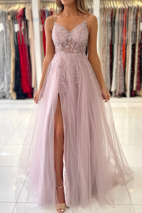 Spaghetti-Straps Long Prom Dress Sleeveless Tulle With Beadings