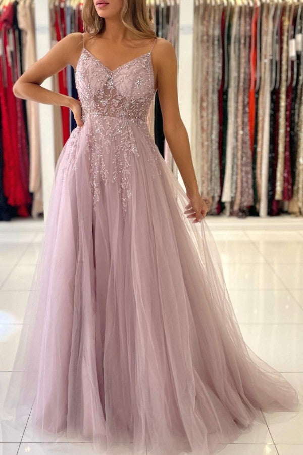 Spaghetti-Straps Long Prom Dress Sleeveless Tulle With Beadings