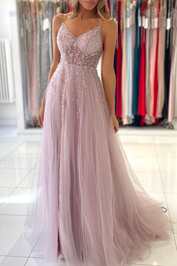 Spaghetti-Straps Long Prom Dress Sleeveless Tulle With Beadings