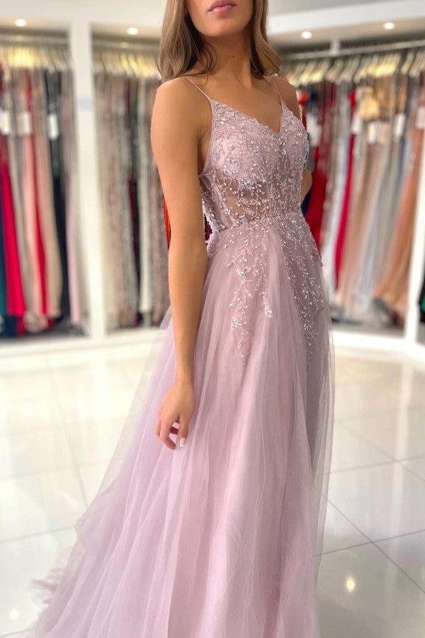 Spaghetti-Straps Long Prom Dress Sleeveless Tulle With Beadings