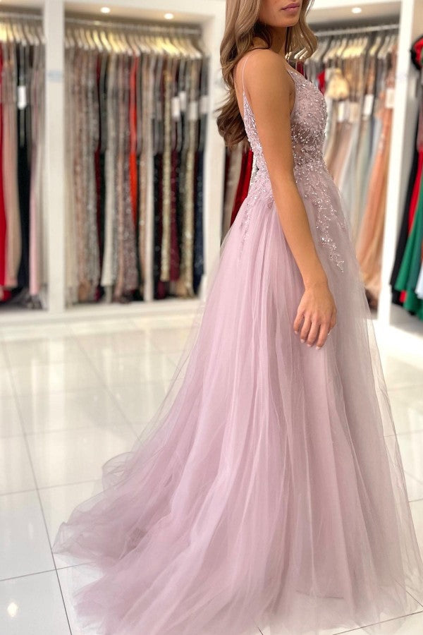 Spaghetti-Straps Long Prom Dress Sleeveless Tulle With Beadings