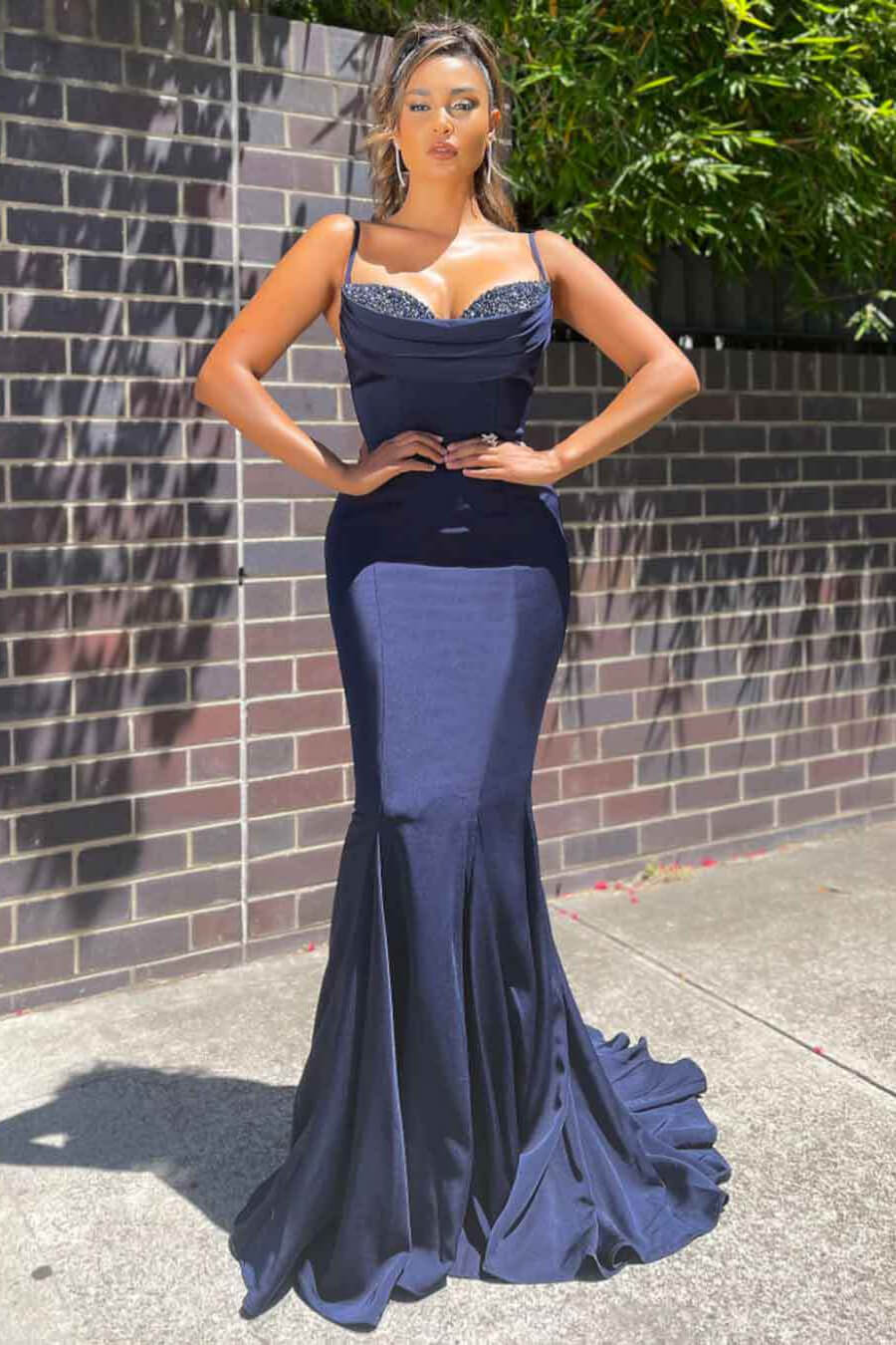 Spaghetti-Straps Mermaid Prom Dress Long Sleeveless With Sequins