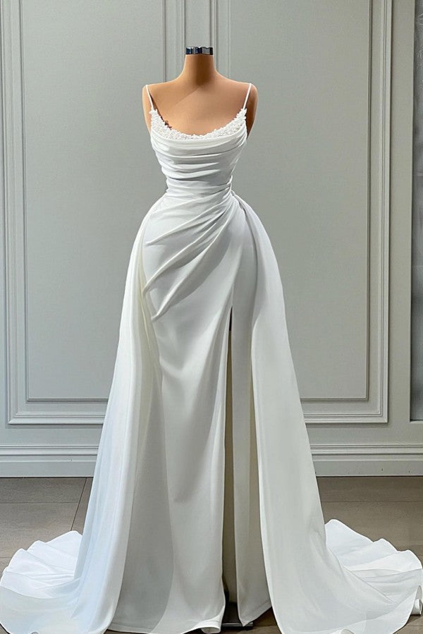 Spaghetti-Straps Mermaid Prom Dress White Long With Slit Beads