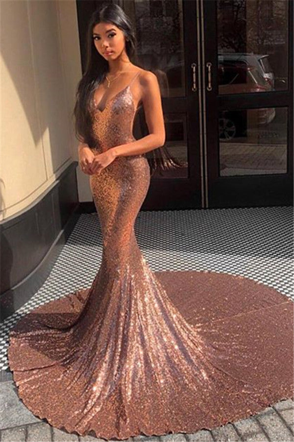 Spaghetti-Straps Mermaid Sequins Long Evening Prom Dress Sleeveless