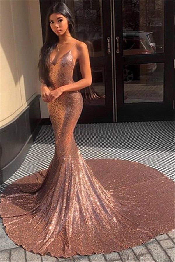 Spaghetti-Straps Mermaid Sequins Long Evening Prom Dress Sleeveless