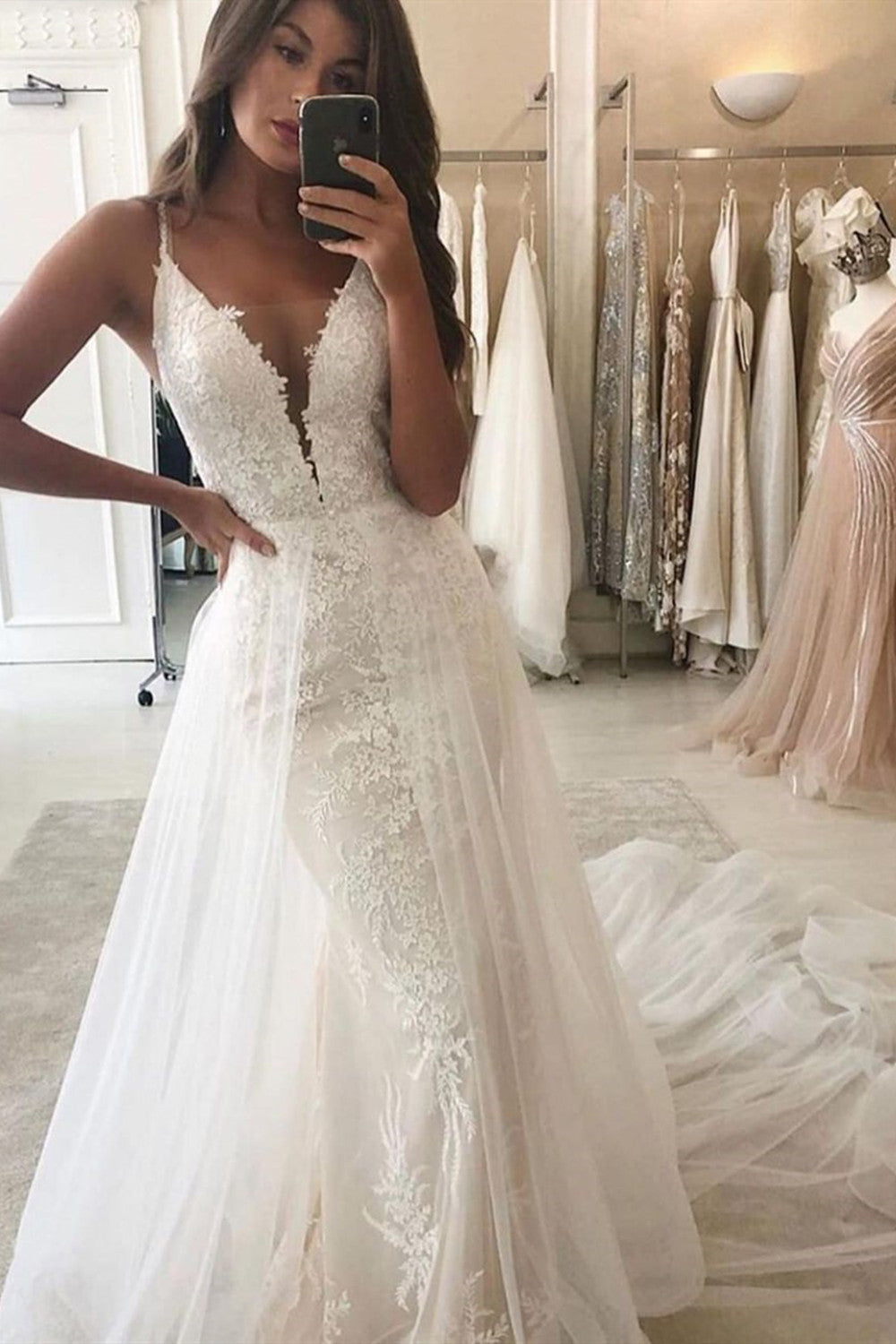 Spaghetti-Straps Mermaid Wedding Dress Lace With Tulle Overlay