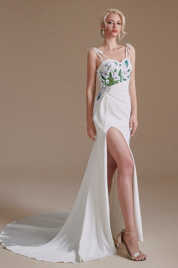 Spaghetti-Straps Mermaid Wedding Dress Split With Print