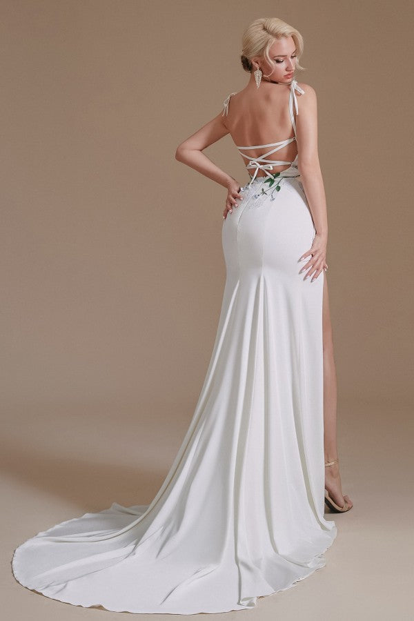 Spaghetti-Straps Mermaid Wedding Dress Split With Print