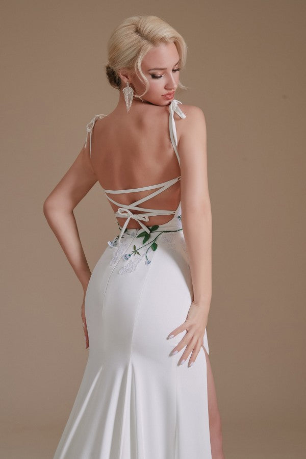 Spaghetti-Straps Mermaid Wedding Dress Split With Print