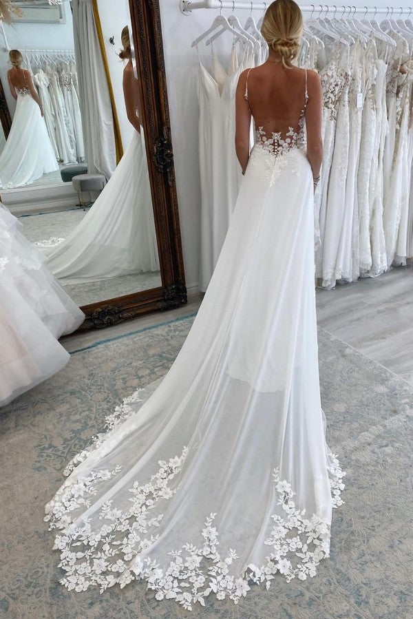 Spaghetti-Straps Open Back Wedding Dress Sleeveless With Appliques