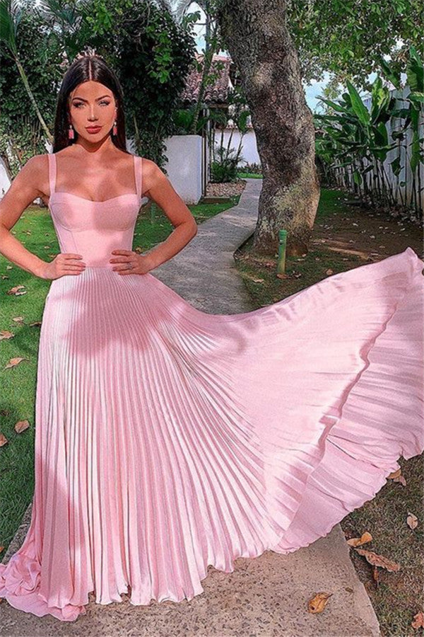 Spaghetti-Straps Pink Prom Dress Ruches Long Party Gowns