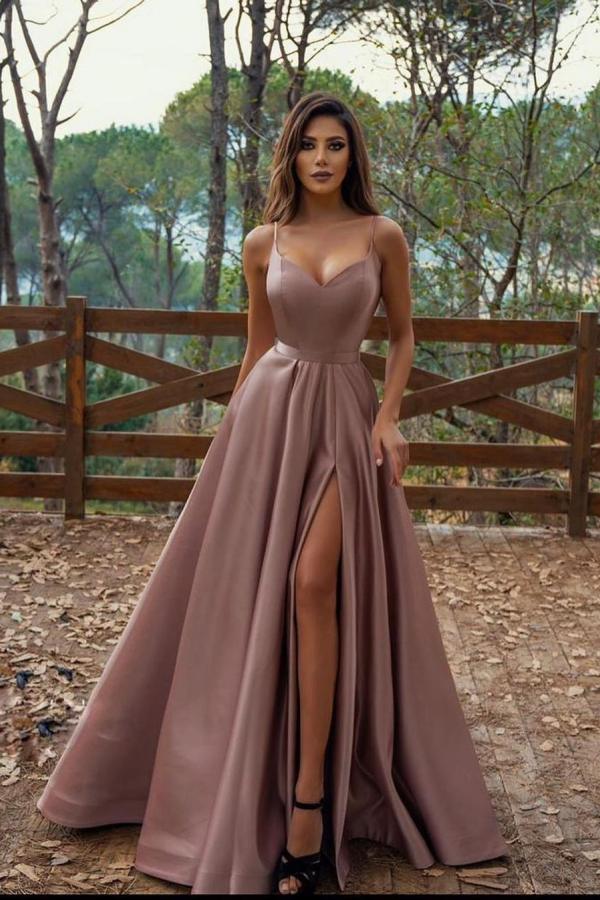 Spaghetti-Straps Prom Dress Split Long