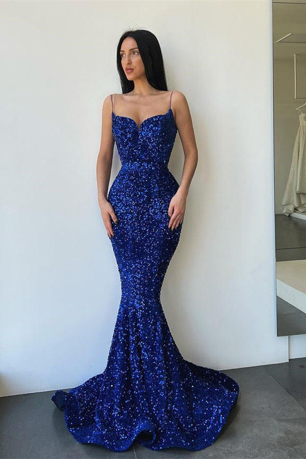 Spaghetti-Straps Royal Blue Mermaid Prom Dress Sweetheart With Split Sequins