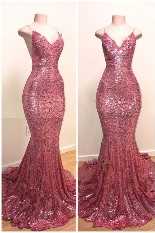 Spaghetti-Straps Sequins Prom Dress Mermaid Long On Sale