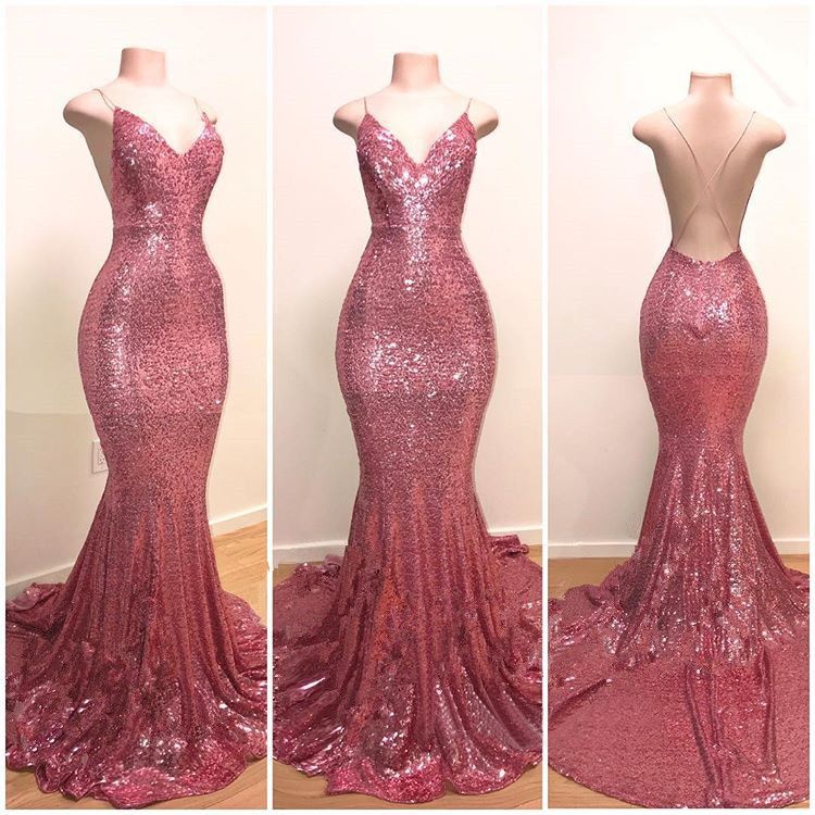 Spaghetti-Straps Sequins Prom Dress Mermaid Long On Sale