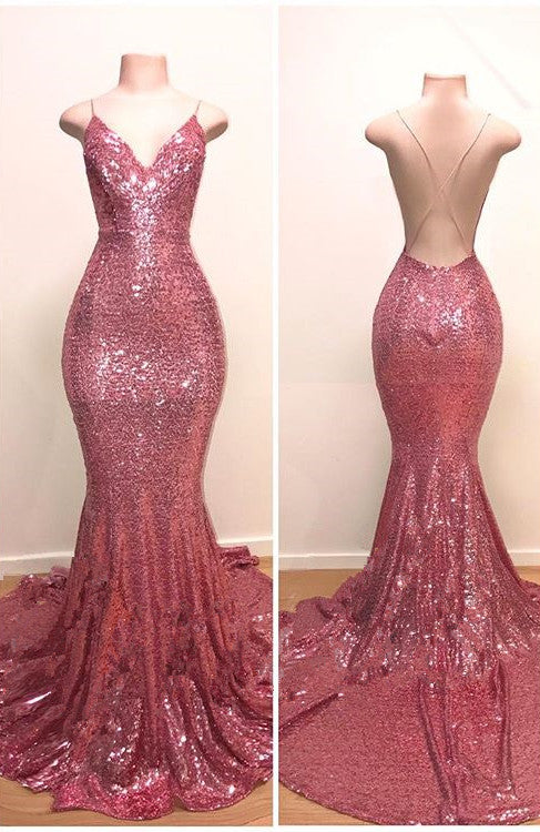 Spaghetti-Straps Sequins Prom Dress Mermaid Long On Sale