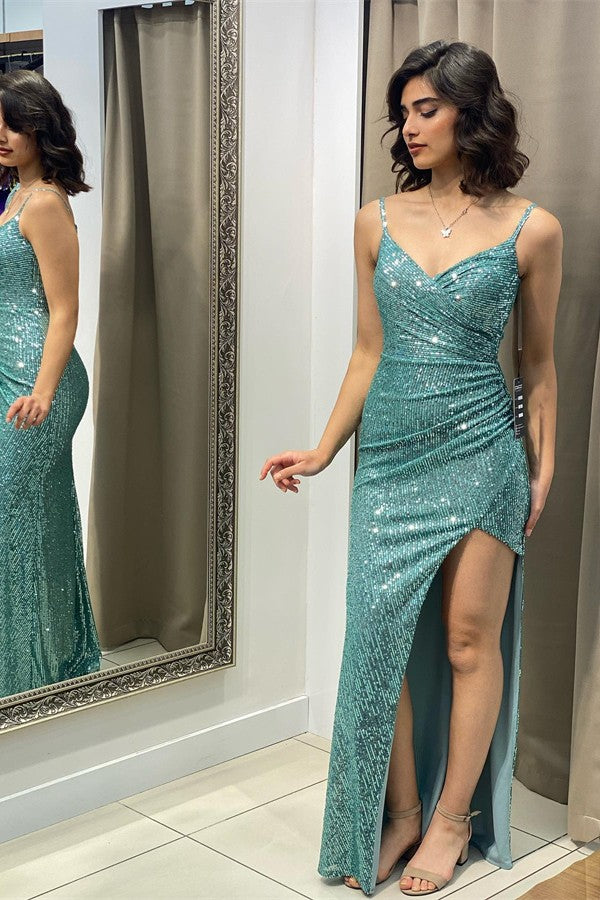 Spaghetti-Straps Sequins Prom Dress Mermaid Sleeveless With Split