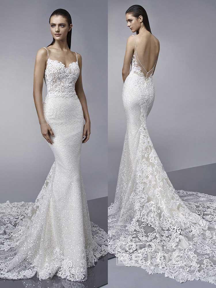 Spaghetti Straps Shiny Sequins Mermaid Wedding Dresses Backless Appliques Bridal Gowns