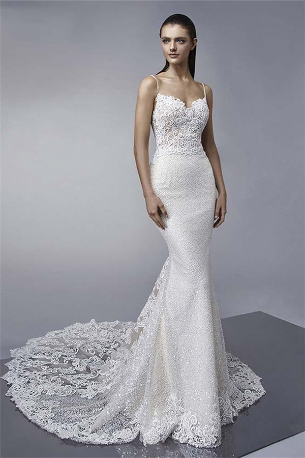 Spaghetti Straps Shiny Sequins Mermaid Wedding Dresses Backless Appliques Bridal Gowns