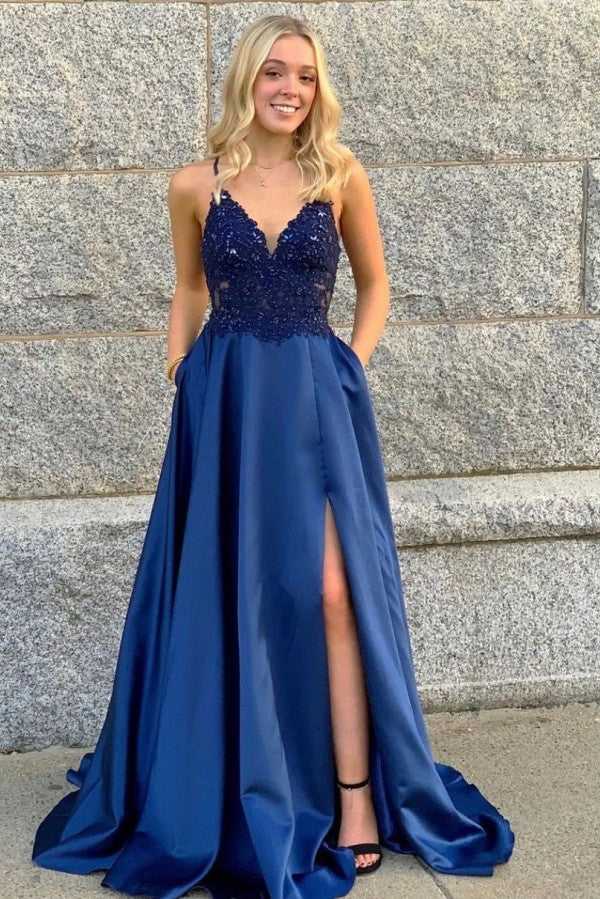 Spaghetti-Straps Slit Prom Dress Long With Lace Appliques