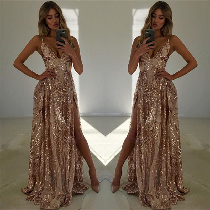 Spaghetti-Straps V-Neck Prom Dress Sequins Split Sleeveless Evening Gown