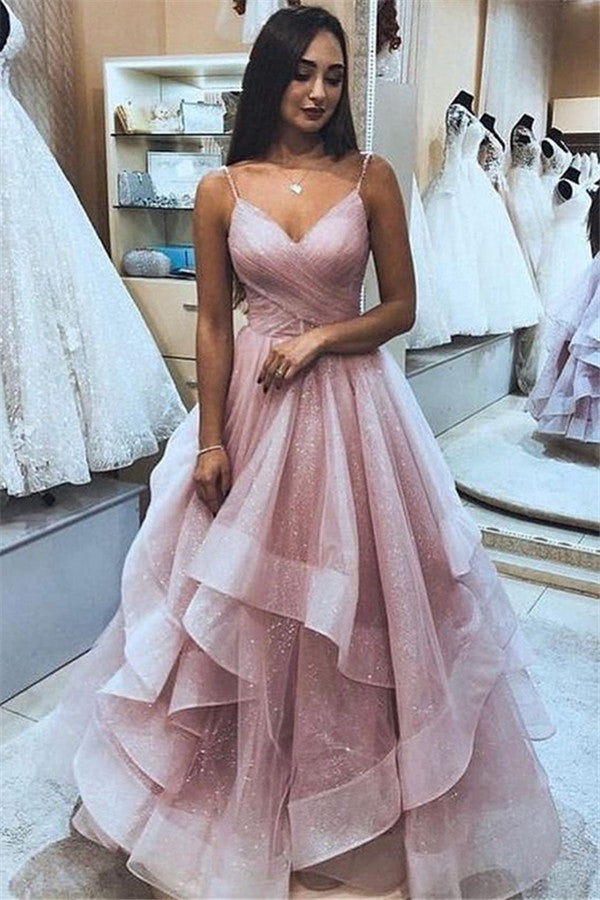 Spaghetti-Straps V-Neck Prom Dress Tulle Sleeveless Evening Gown